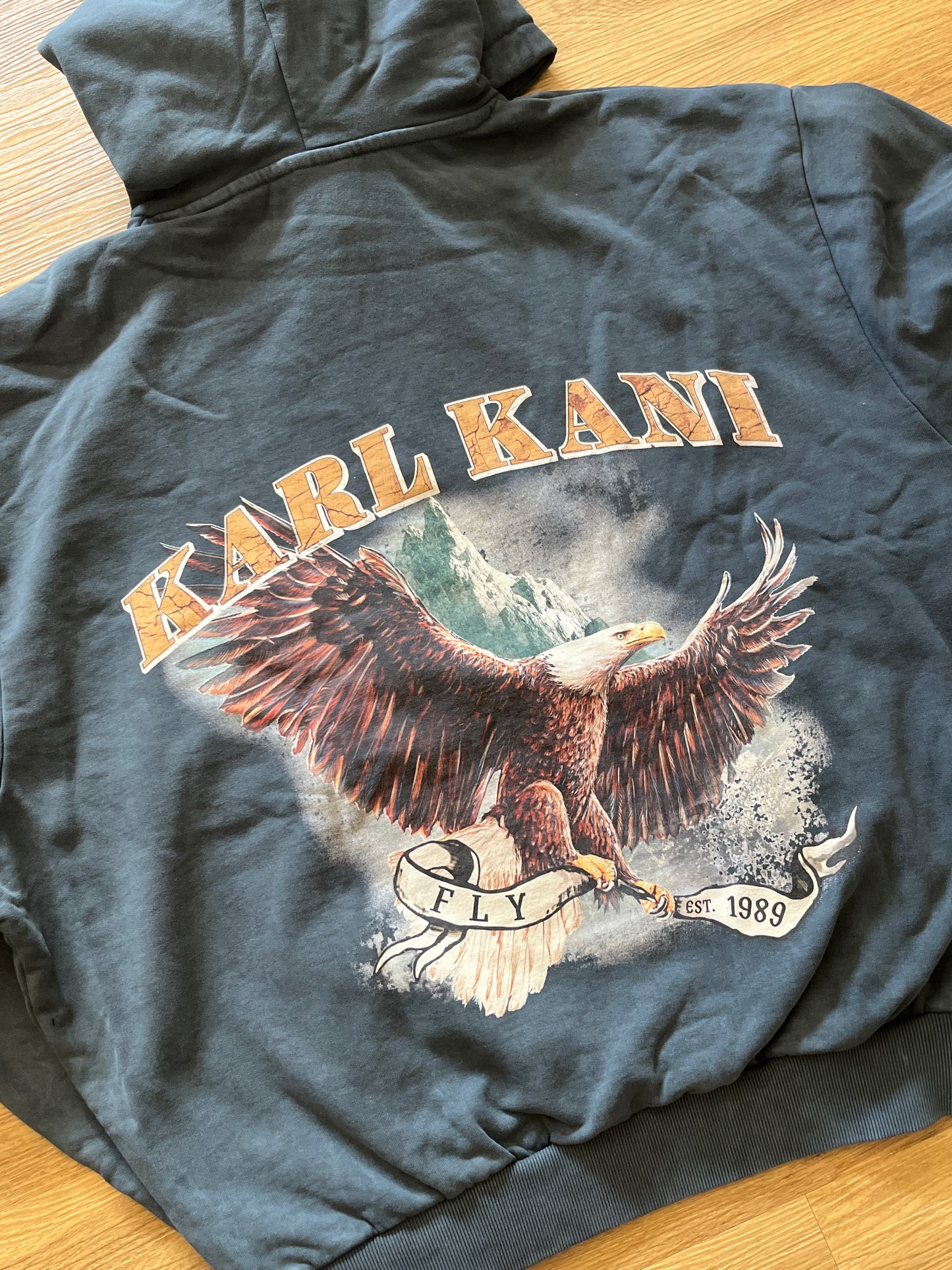 Karl Kani Hoodie in grau/blau mit Adler-Backprint, Größe XL