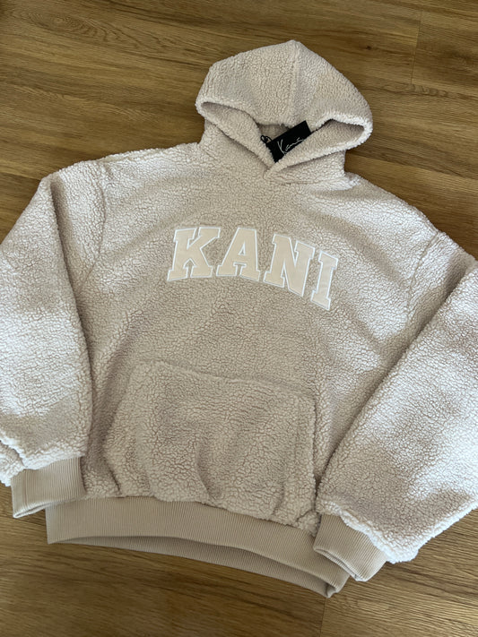 Karl Kani Plüsch Hoodie in creme mit großem Schriftzug, Größe wählbar