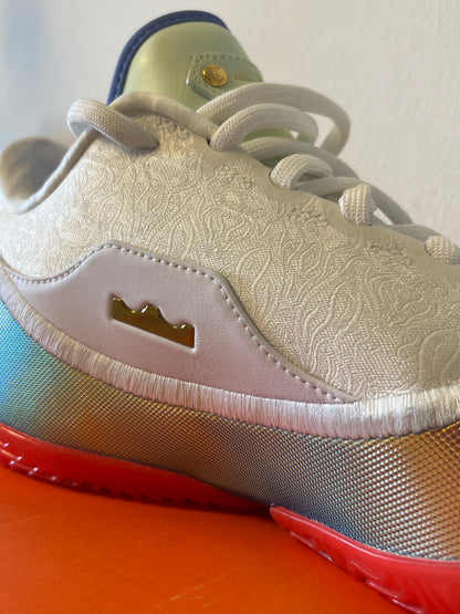 LeBron 23 in weiß/bunt (schimmernd) mit goldenen Details + Schuhbeutel und Buch, Größe 45