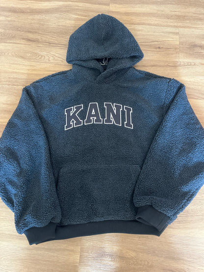 Karl Kani Plüsch Hoodie in anthrazit mit großem Schriftzug, Größe XL
