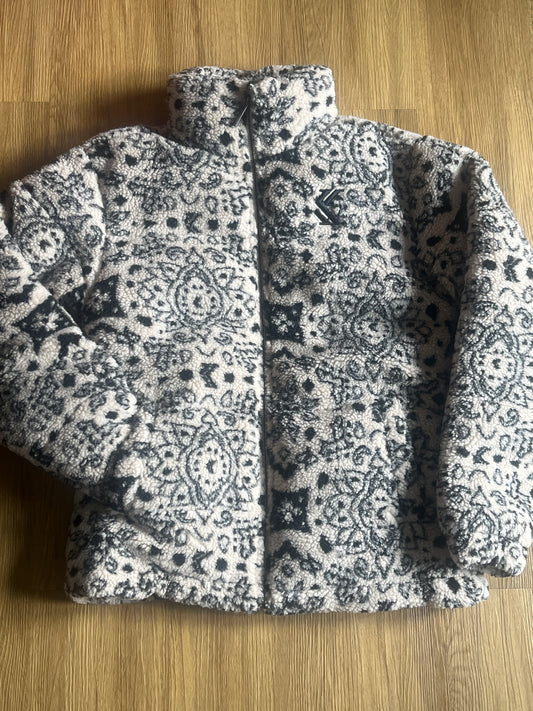 Karl Kani Puffer Plüsch Jacke in creme mit schwarzen Mustern. Größe S