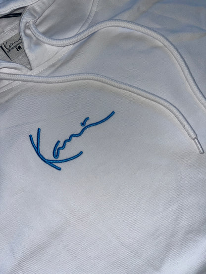 Karl Kani Hoodie in weiß mit blauem Schriftzug, Größe L